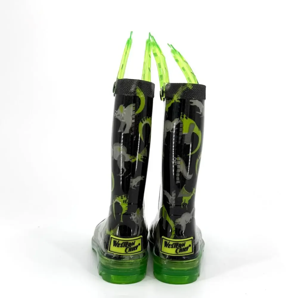 Western Chief Black Neon Green Dinosaur Light Up Waterproof Rain Boots